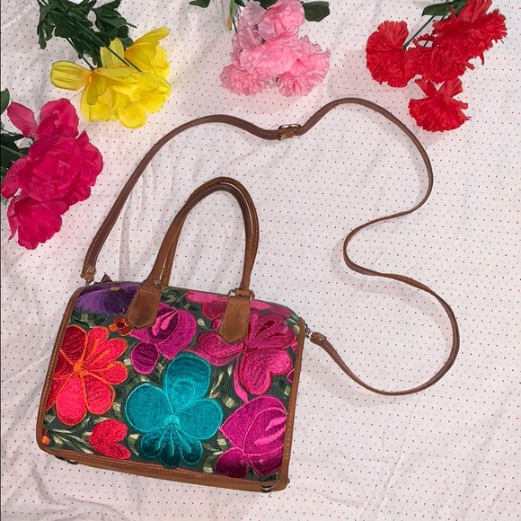 Mexican Leather Embroidered Handmade Satchel Purse - Picture 1 of 8